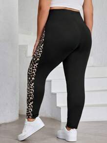 SHEIN CURVE+ 加大码纯色基本款女士休闲户外紧身裤，曲线加大，波西米亚度假风 - 黑色 - 查看 8