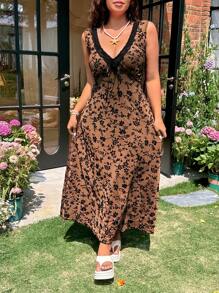 SHEIN EZwear 大码花卉蕾丝休闲度假长裙，网眼，夏季 - 彩色 - 查看 3