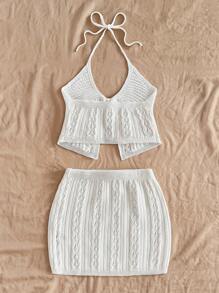 SHEIN WYWH Conjunto de cárdigan de punto beige para mujer con cuello anudado y cinturón en la cintura, top ajustado y falda mini en forma de A, adecuado para vacaciones, fiestas, San Valentín, combinación de capas, citas