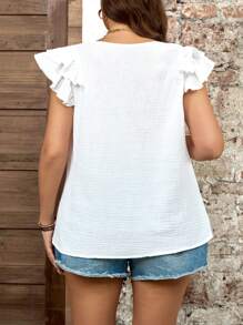 SHEIN LUNE Áo thun cổ chữ V trơn viền bèo nhún cỡ lớn cho kỳ nghỉ mùa hè - trắng - Xem 2