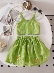 SHEIN 女婴黄色花卉刺绣吊带背心和裙子套装，夏季 - 綠色 - 查看 1