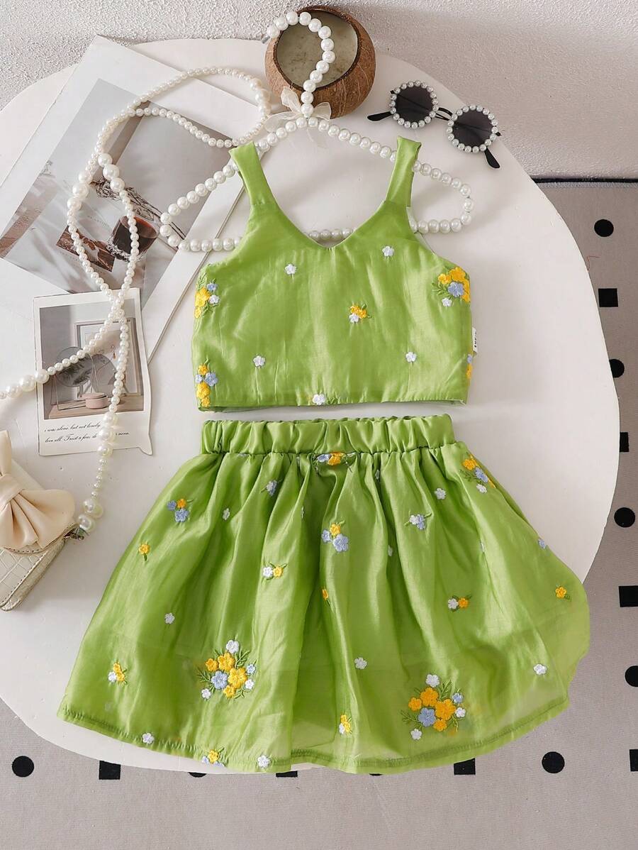 SHEIN 女婴黄色花卉刺绣吊带背心和裙子套装，夏季 - 綠色 - 查看 1