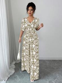 Elenzga Vacation Style Puff Sleeve V-Neck Elastic Waist Wide Leg Jumpsuit Pants - Coffee Brown - View 3