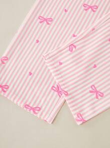 3pcs Tween Girls Cute Bow, Heart And Stripe Print Short Sleeve Cardigan, Long Pants And Shorts Pajama Set - Multicolor - View 3
