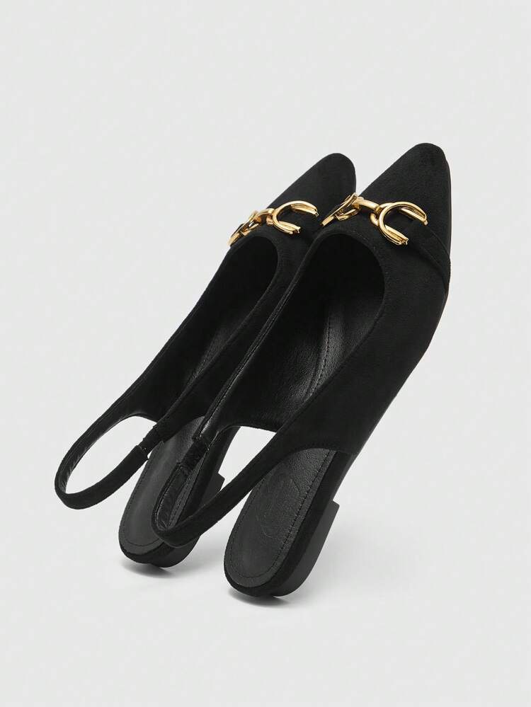CUCCOO BIZCHIC Women's Gold Metal Horseshoe Buckle Pointed Toe Ballet Flats, New Summer All-Match Elegant Faux Suede Black Slip-On Casual/Work Flat Shoes, Versatile Fashion