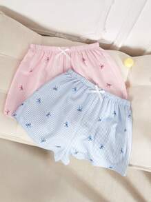 SHEIN 2pcs Set: Ribbon Printed Striped Shorts Pajamas Bottoms Sleep Shorts Bow Tie  Cozy And Elegant Details - Multicolor - View 3