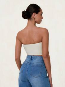 Glamine Floral Embroidery Mesh Asymmetric Ruffle Hem Bandeau Corset Top For Women - Apricot - View 2