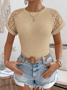 SHEIN LUNE Kaos Lengan Pendek Kasual Berkerah Bulat dengan Desain Berongga Warna Polos, Cocok untuk Musim Panas - Khaki - View 6
