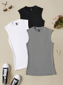 Chiquease Set de 3 camisetas deportivas informales sin mangas para mujer, tops de punto suave y elástico de unicolor