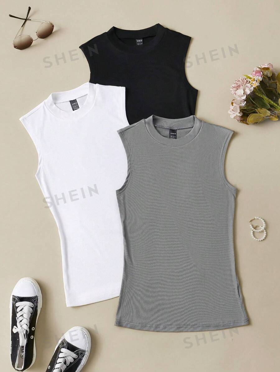 Chiquease Set de 3 camisetas deportivas informales sin mangas para mujer, tops de punto suave y elástico de unicolor