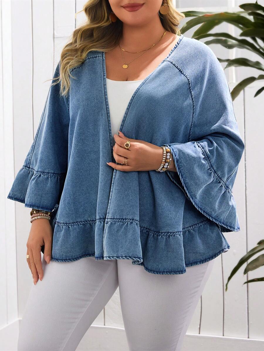 EMERY ROSE Plus Size Women Blue Denim Casual Summer Jacket - Medium Wash - View 1