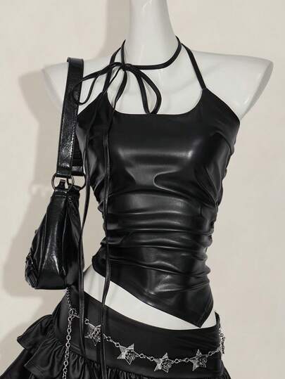 SHEIN ICON Y2K 风格黑色 PU 皮革细肩带褶皱不对称下摆吊带背心女式春夏