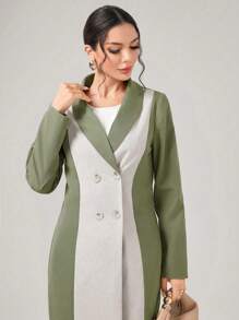 Al Najma 女式拼色翻领长款夹克，适合日常穿着，端庄长袍，阿巴雅 - 綠色 - 查看 6