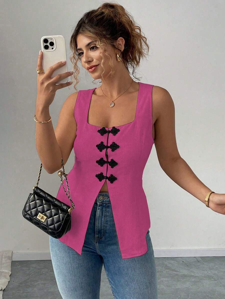 Elenzga Damen Kleid mit quadratischem Ausschnitt, ärmellos mit Schlitz-Saum, eleganter, legerer und modischer Grundartikel