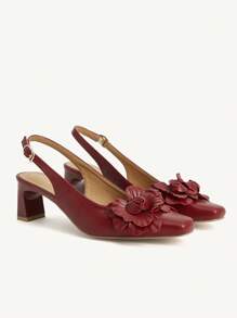 CUCCOO CHICEST Women's Retro Vintage Pu Leather Sandals With 3D Flower Decor, Elegant Square Toe Block Heel Pumps, Suitable For Date, Afternoon Tea, Garden Party, Burgundy Color - Red - View 10