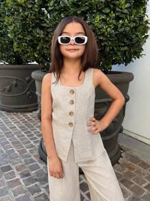 SHEIN Nova Glow 少女休闲街头风纯色V领无袖上衣和直筒裤套装毕业装 - 杏色 - 查看 7