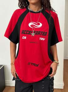 Coolane 女士夏季街头时尚运动时尚撞色休闲字母印花圆领插肩短袖宽松 T 恤