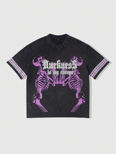 Maglietta a maniche corte oversize da uomo, stile gotico, con stampa di lettere e scheletro, adatta per Ognissanti