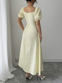 Modelyn 法式优雅方领收腰长裙 - 黃色 - 查看 2