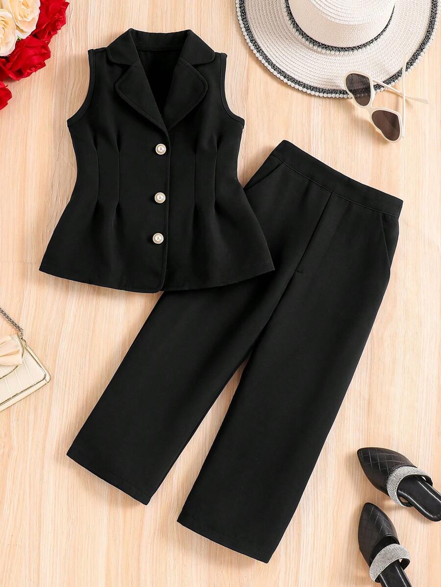 Elladie kids 女童学院风翻领无袖背心和长裤套装，春夏 - 黑色 - 查看 1