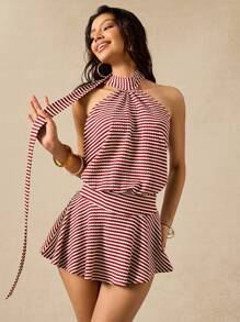 SHEIN EZwear 连衣裙 条纹挂脖长连衣裙 - 紅白色 - 查看 9