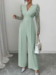 Gloray Women's V-Neck Lace Patchwork Waisted Wide-Leg Jumpsuit - Green - View 4