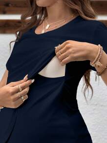 SHEIN Solid Color Maternity & Nursing Short Sleeve Round Neck Top, Suitable For Summer - Navy Blue - View 3