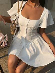 MainGRL Women White Woven Square Collar Front Button Elegant Short Sleeve Mini Dress