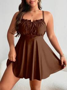 Swim Lushoire Women Plus Size Black Swimdress With Ruffled Tie-Up Front For Summer Beach Vacation - Brown - View 1