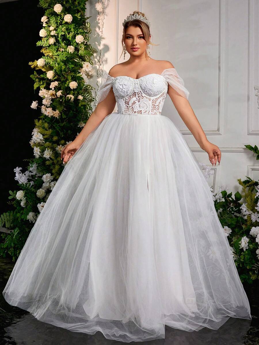 Glamrae Váy cưới chữ A hở vai thêu lưới màu trắng thanh lịch lãng mạn cỡ lớn, váy cưới, cô dâu - trắng - Xem 1