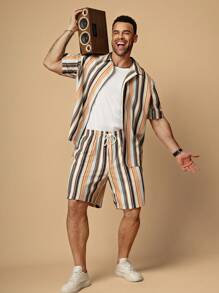 EASEVO 大码男士竖条纹宽松休闲衬衫和短裤套装 - 米色 - 查看 3