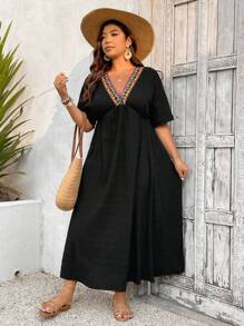 SHEIN VCAY Robe de vacances décontractée à encolure V avec bretelles, manches courtes, style patchwork pour femmes grande taille