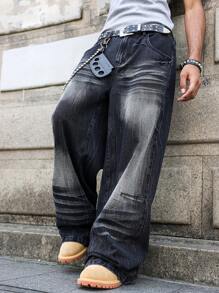 Manfinity EMRG Men's Black Denim Long Jeans With Zipper Detail And Distressed Wash - Black - View 3