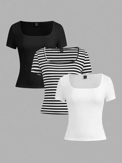 SHEIN EZwear 3 chiếc áo thun ngắn tay bó sát cổ chữ U thường ngày cho nữ, sọc đen trắng, thích hợp cho mùa hè