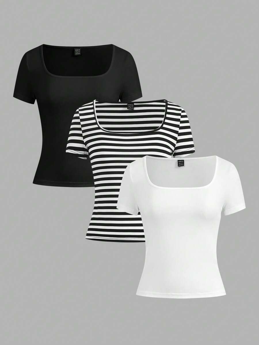 SHEIN EZwear 3 件女式休闲 U 领紧身短袖短款 T 恤，黑白条纹，适合夏季 - 彩色 - 查看 1