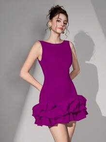 Poshira 女士短款针织露背镂空鸡尾酒会礼服、派对礼服、舞会礼服 - 中紫紅色 - 查看 4