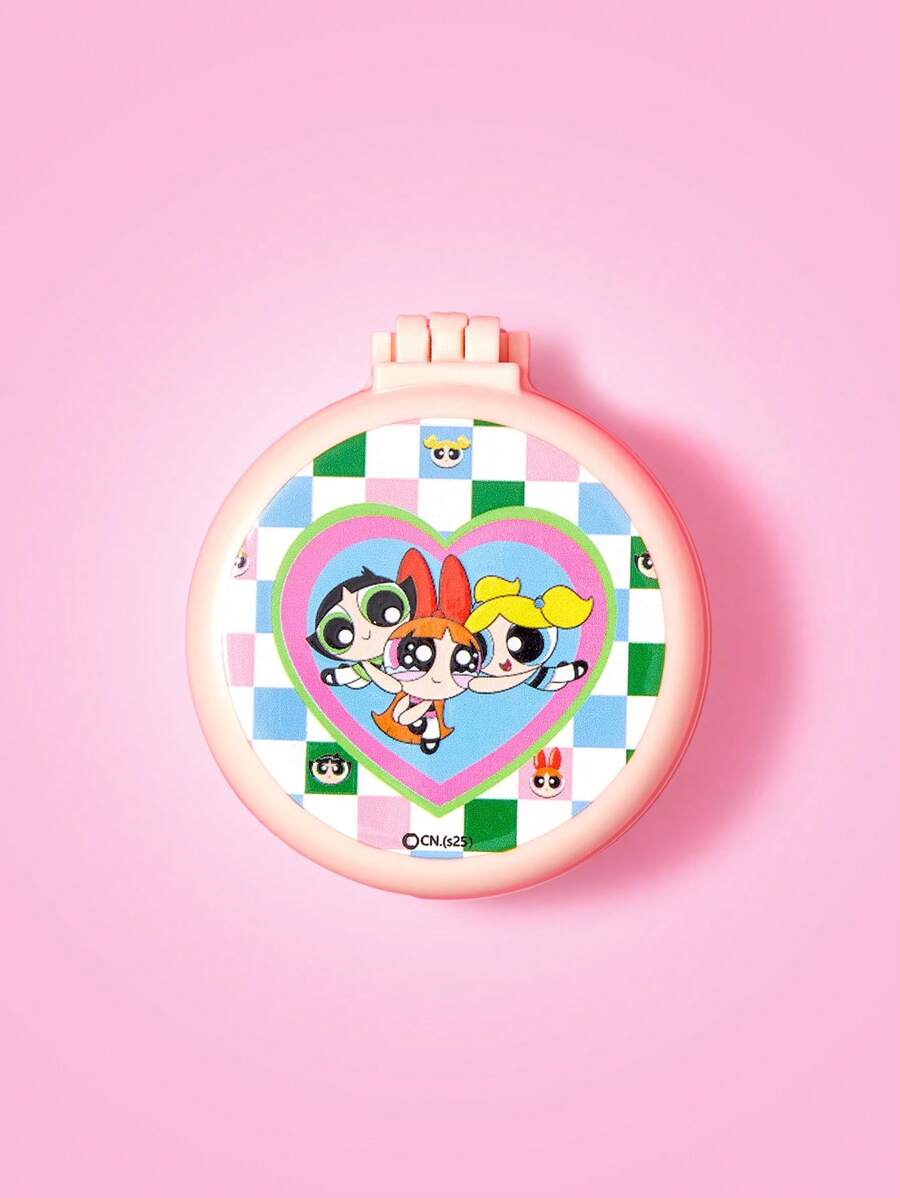 THE POWERPUFF GIRLS X SHEIN 1pc Fashionable Cute Blossom, Bubbles, Buttercup Pattern Folding Round Mirror And Comb Set - Pink - View 1