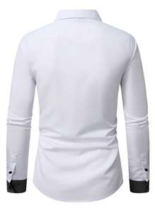 Manfinity Mode 男士时尚休闲商务通勤短袖纽扣领长袖衬衫，男士正装衬衫，通勤，双纽扣装饰和配色设计。适合日常穿着、外出、通勤、蜜月旅行、参加婚礼、派对。可赠送家人、丈夫、男朋友或作为礼物。黑白正装男士衬衫，商务休闲男士衬衫，优雅男士衬衫，秋季 - 黑與白 - 查看 2