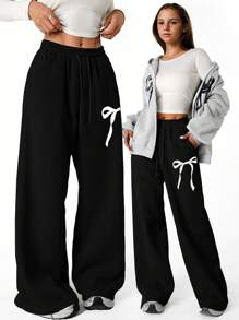 SHEIN Tween Girls Bow Graphic Loose Straight Leg Sweatpants, Suitable For Casual And Commuting Wear - Black - View 1