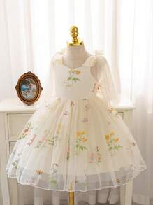 SHEIN Glamorique Kids Mother's Day Mother's Day Gift Mommy And Me Outfits Wedding Wedding Guest Pageboy Birthday Party Wedding Festival Dress Dress Girls' Straps Apricot Mesh Bow Front Bow Embroidered Mesh Puff Skirt Stage Performance Host Attends Parties Or Special Shows Take Artistic Photos To Make It More Natural And Beautiful Four Seasons Regular Wear - Apricot - View 1