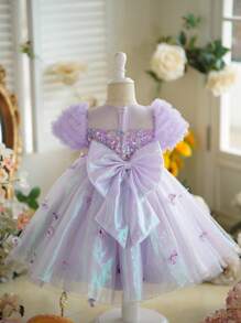 SHEIN Vestido de fiesta de estilo princesa con mangas abullonadas, con flores 3D y lentejuelas para niñas jóvenes, para cumpleaños, eventos escolares y verano