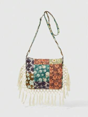 Fairycore Boho Crossbody Bag For Women, Floral Print Tassel Ethereal Fairycore Shoulder Bag, Lightweight Hippie Festival Purse For Music Festivals, Picnic, Daily Use, Adjustable Strap Spring Summer Beach Accessories
