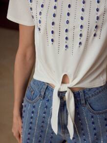 MOTF PREMIUM RHINESTONE KNOT HEM T-SHIRT - White - View 2