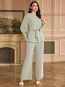 Al Najma Ensemble 2 pièces femme, Top ample en chiffon à manches et pantalon long, style arabe