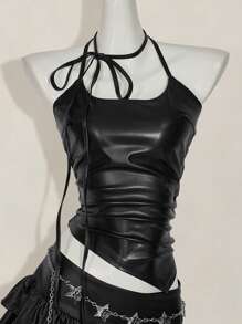 SHEIN ICON Y2K 风格黑色 PU 皮革细肩带褶皱不对称下摆吊带背心女式春夏 - 黑色 - 查看 7