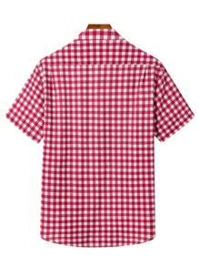 Manfinity Homme Red Short Sleeve Plaid Shirt With Unique Embroidered Logo, Fresh Checked Casual Versatile Fashion Summer Casual Shirt - Red - View 2