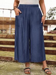 EMERY ROSE Plus Size Women's Early Spring Blue Denim Effect Capri Pants