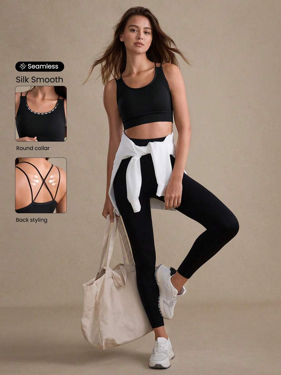 Eassivo Eassivo Women's Solid Color Cropped Tank Top And Leggings Seamless Sports Set - Black - View 1