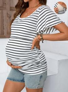 SHEIN Camiseta acanalada ajustada con volantes laterales para maternidad y lactancia, de verano