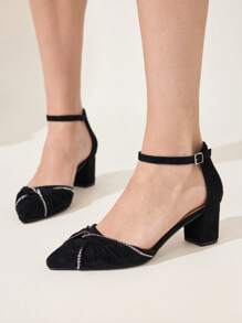 CUCCOO CHICEST Women's Pointy-Toe Chunky-Heel Mid-Heel Pumps With Rhinestone Twist Vamp, Faux Suede, Comfortable & Elegant, Black, Suitable For Summer, Afternoon Tea Dates - Black - View 7